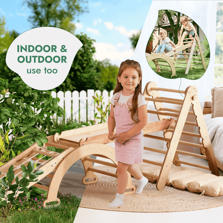 5in1 Montessori Climbing Set: Triangle Ladder + Arch/Rocker + Slide Board/Ramp + Netting rope + Cushion - Goodevas
