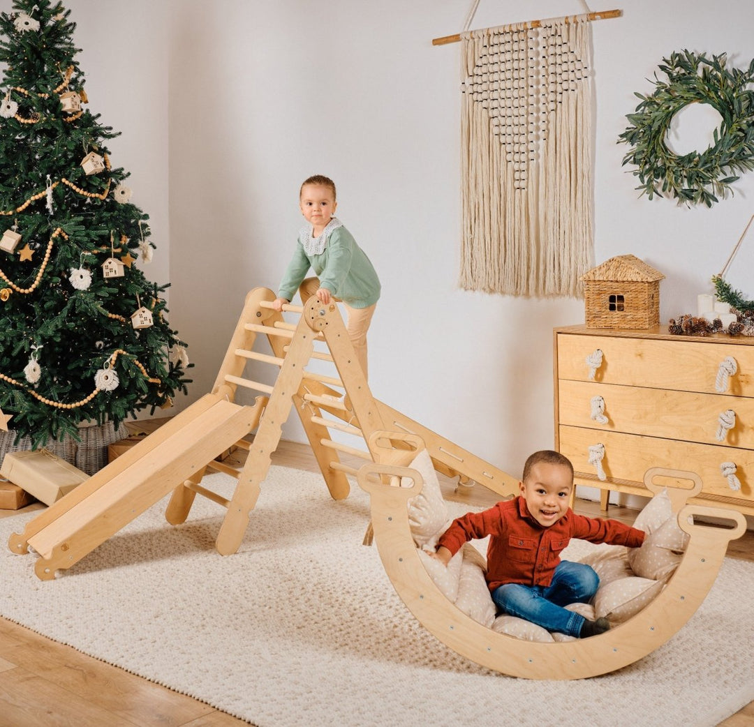 5in1 Montessori Climbing Set: Triangle Ladder + Arch/Rocker + Slide Board/Ramp + Netting rope + Cushion - Goodevas