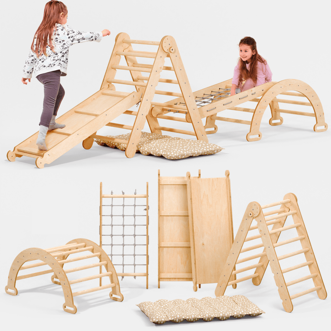 5in1 Montessori Climbing Set: Triangle Ladder + Arch/Rocker + Slide Board/Ramp + Netting rope + Cushion - Goodevas