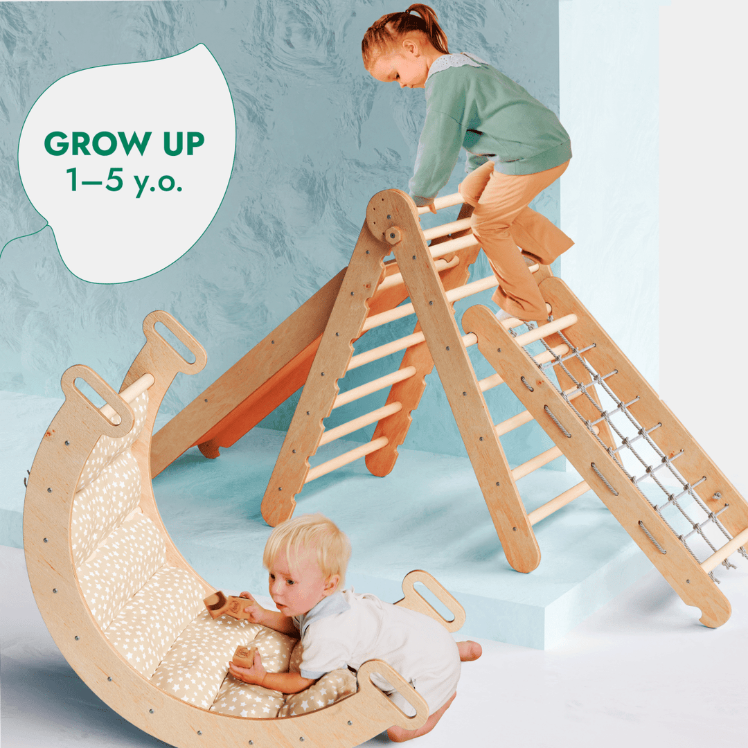 5in1 Montessori Climbing Set: Triangle Ladder + Arch/Rocker + Slide Board/Ramp + Netting rope + Cushion - Goodevas