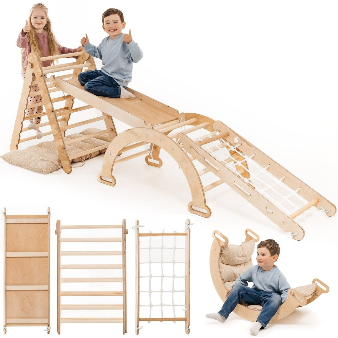 5in1 Montessori Climbing Set: Triangle Ladder + Arch/Rocker + Slide Board/Ramp + Netting rope + Cushion - Goodevas
