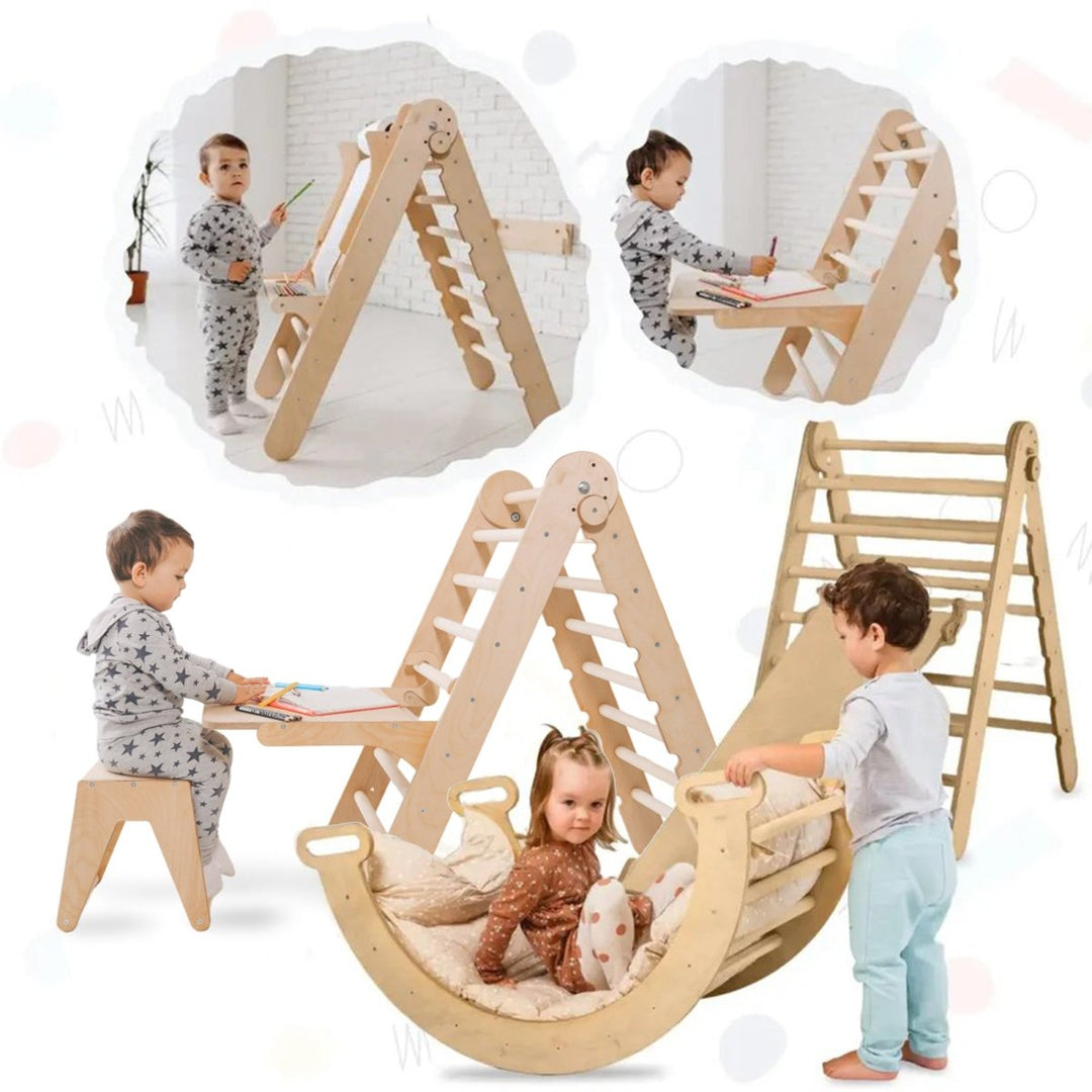 5in1 Montessori Climbing Set: Triangle Ladder + Climbing Arch + Slide Board + Cushion + Art Addition - Goodevas