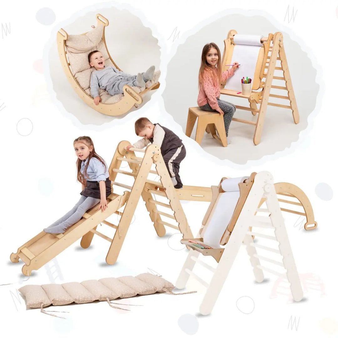 6in1 Montessori Climbing Set: Triangle Ladder + Arch/Rocker + Slide/Ramp + Net + Cushion + Art Addition - Goodevas