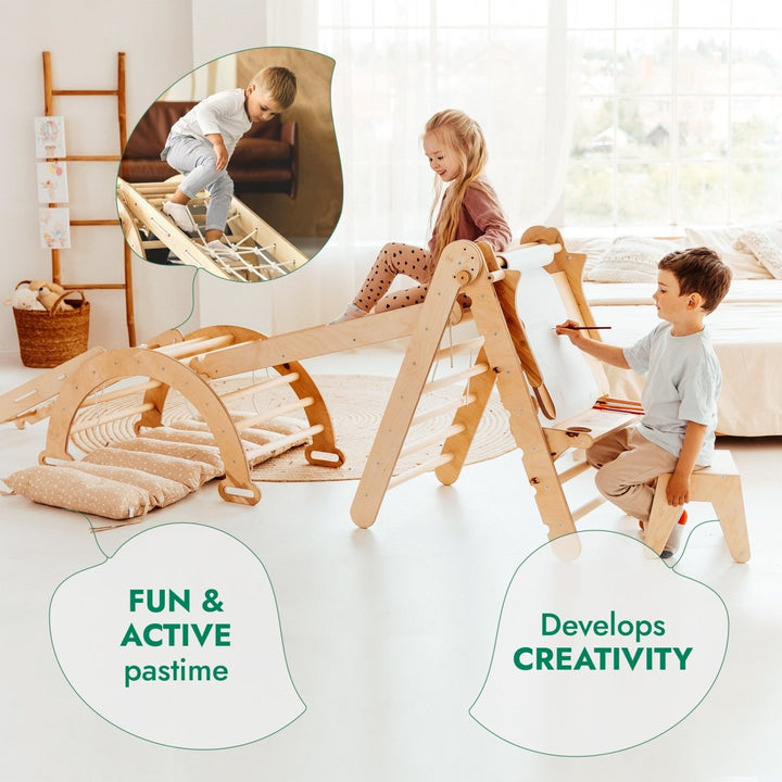 6in1 Montessori Climbing Set: Triangle Ladder + Arch/Rocker + Slide/Ramp + Net + Cushion + Art Addition - Goodevas