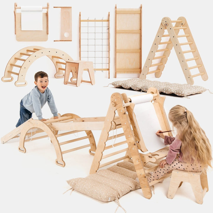 6in1 Montessori Climbing Set: Triangle Ladder + Arch/Rocker + Slide/Ramp + Net + Cushion + Art Addition - Goodevas