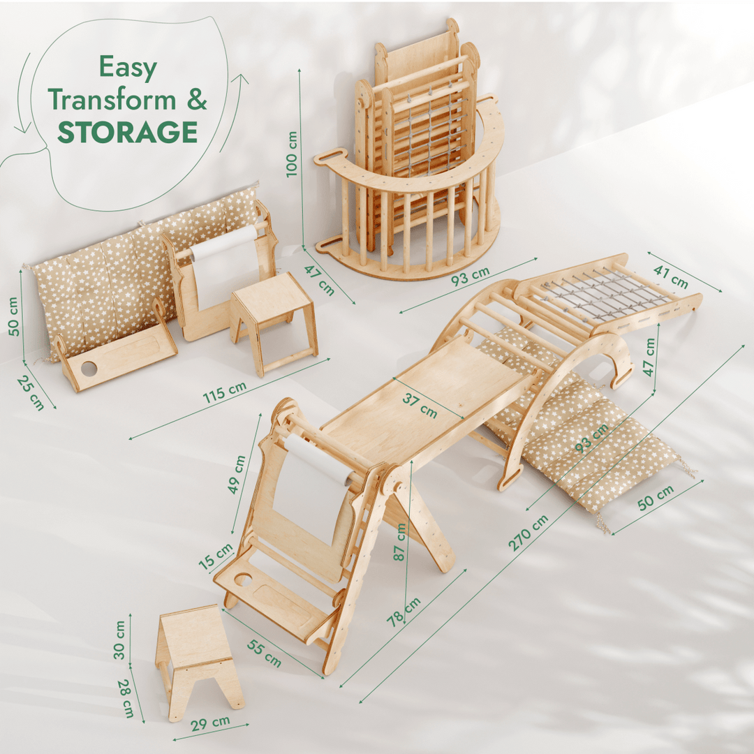 6in1 Montessori Climbing Set: Triangle Ladder + Arch/Rocker + Slide/Ramp + Net + Cushion + Art Addition - Goodevas
