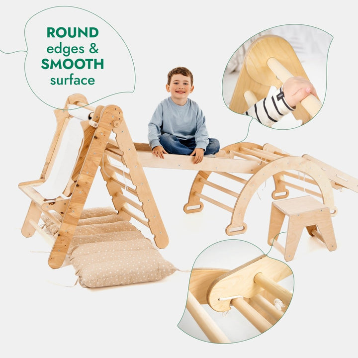 6in1 Montessori Climbing Set: Triangle Ladder + Arch/Rocker + Slide/Ramp + Net + Cushion + Art Addition - Goodevas