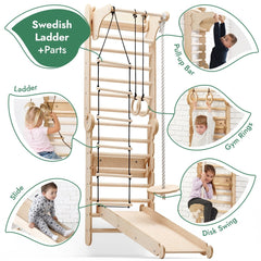 6in1 Wooden Swedish Wall / Climbing ladder for Children + Swing Set + Slide Board - Goodevas