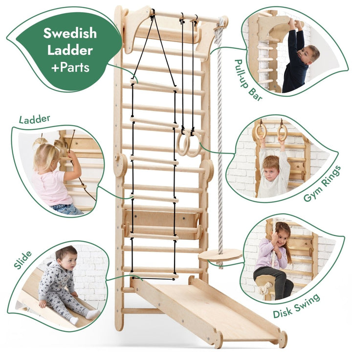 6in1 Wooden Swedish Wall / Climbing ladder for Children + Swing Set + Slide Board - Goodevas