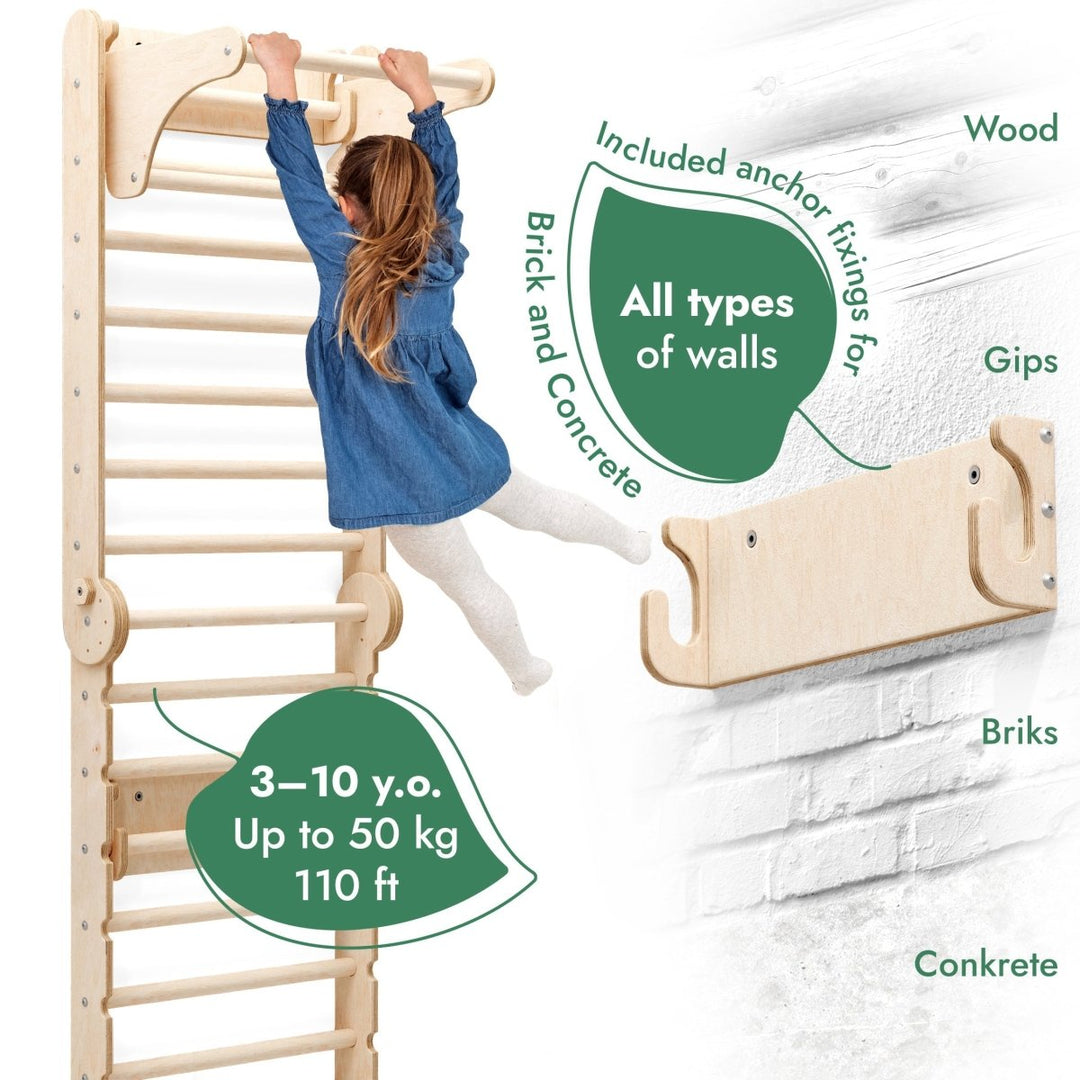 6in1 Wooden Swedish Wall / Climbing ladder for Children + Swing Set + Slide Board - Goodevas