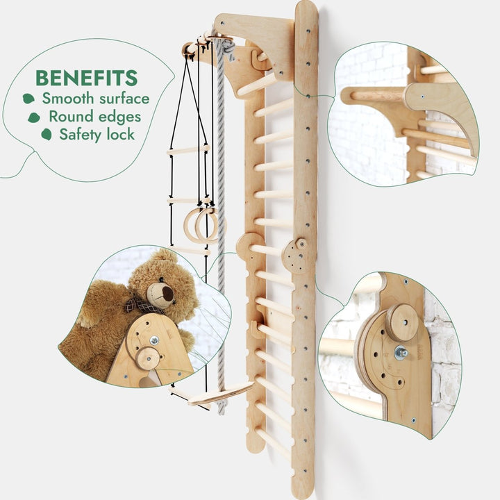 6in1 Wooden Swedish Wall / Climbing ladder for Children + Swing Set + Slide Board - Goodevas