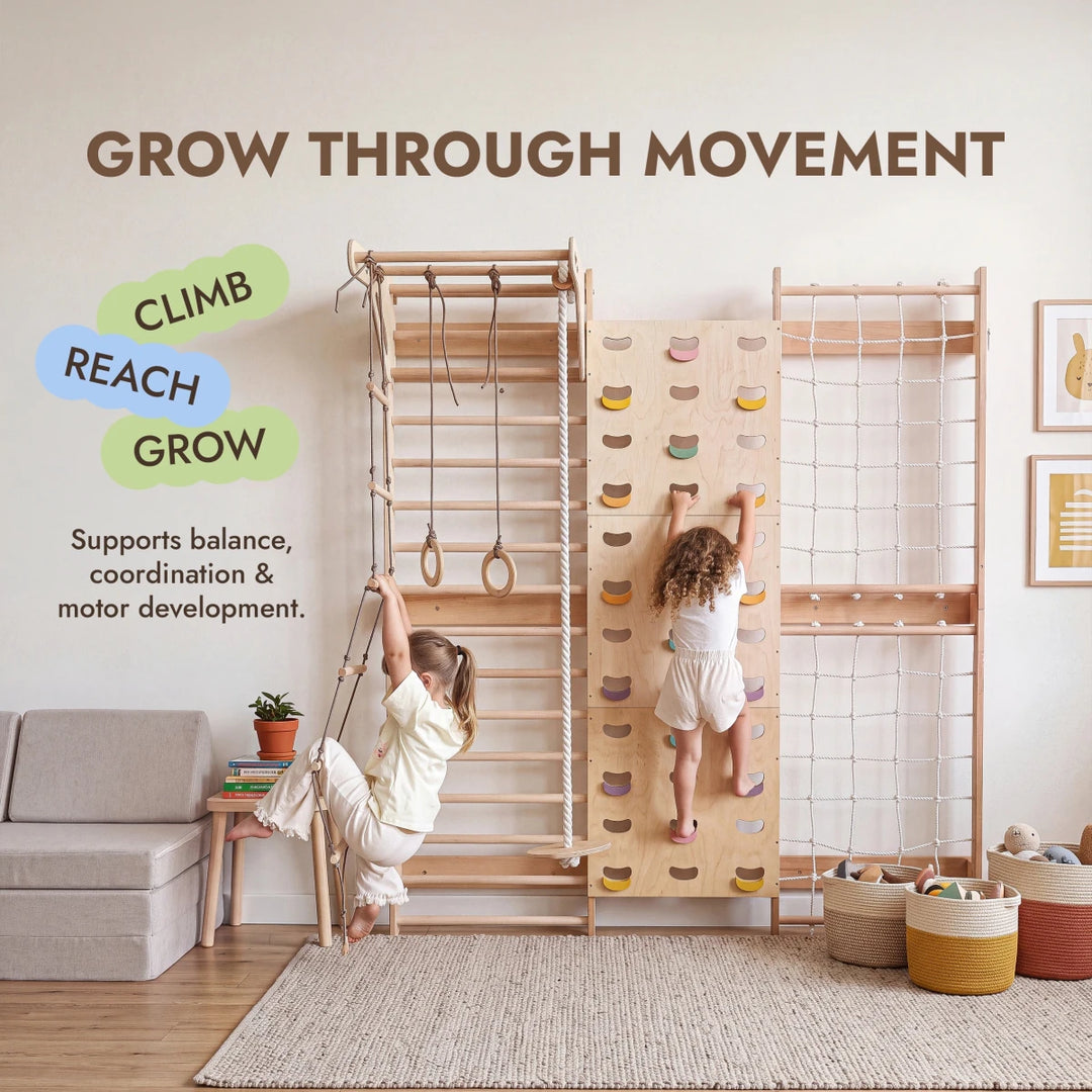 7-in-1 Climbing Wall for Kids: Wall Bars, Rock Wall, Net, Pull-Up Bar, 3-in-1 Swing Set - Goodevas