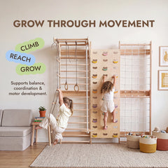 7-in-1 Climbing Wall for Kids: Wall Bars, Rock Wall, Net, Pull-Up Bar, 3-in-1 Swing Set - Goodevas
