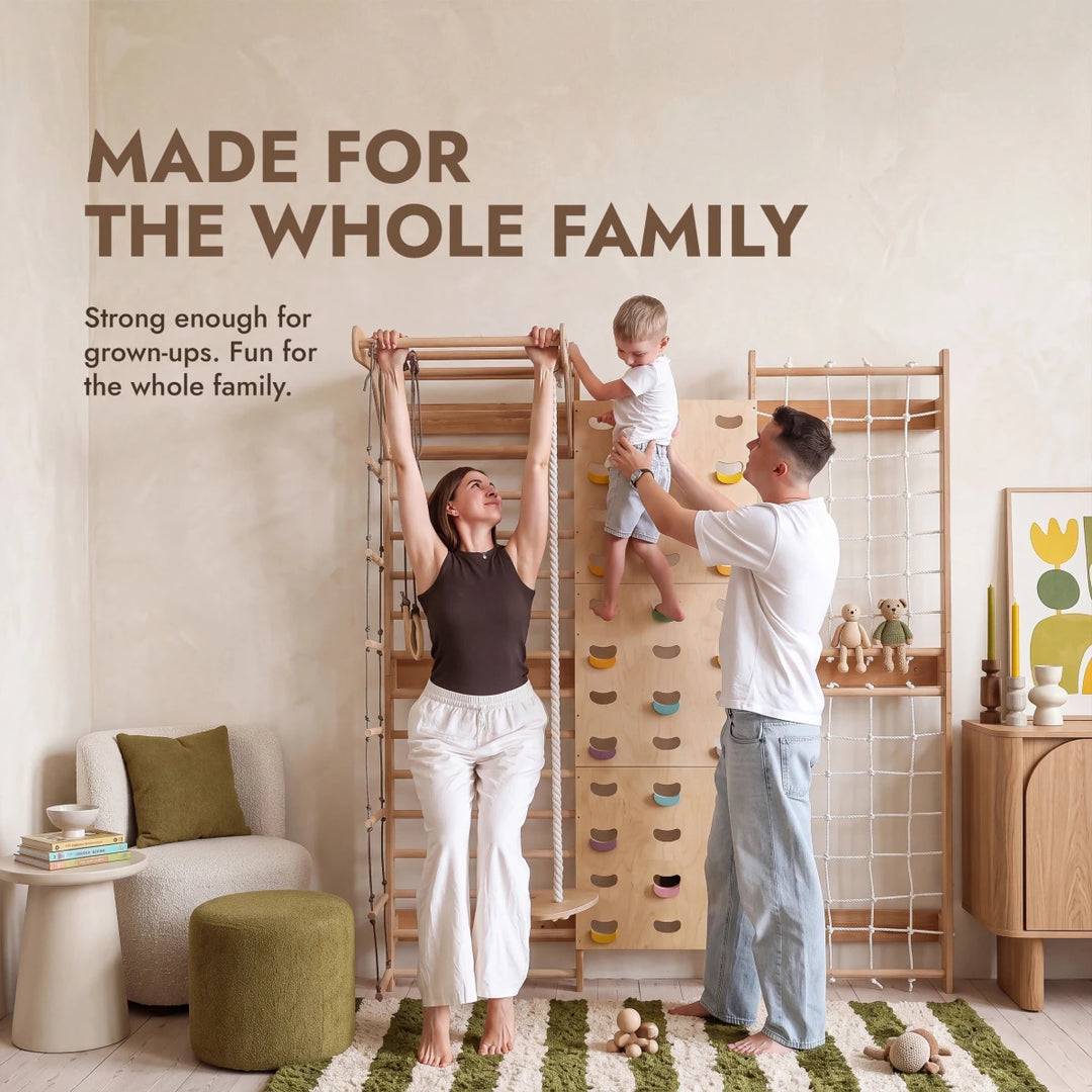 7-in-1 Climbing Wall for Kids: Wall Bars, Rock Wall, Net, Pull-Up Bar, 3-in-1 Swing Set - Goodevas
