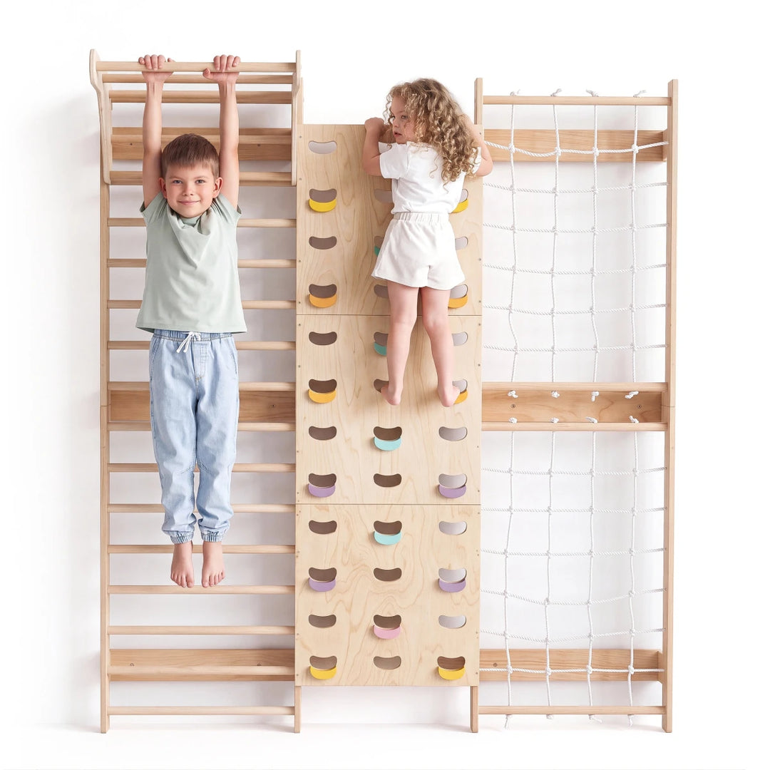 7-in-1 Climbing Wall for Kids: Wall Bars, Rock Wall, Net, Pull-Up Bar, 3-in-1 Swing Set - Goodevas