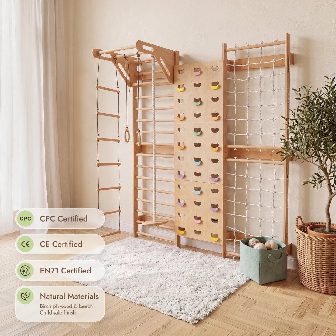 7-in-1 Climbing Wall for Kids: Wall Bars, Rock Wall, Net, Pull-Up Bar, 3-in-1 Swing Set - Goodevas