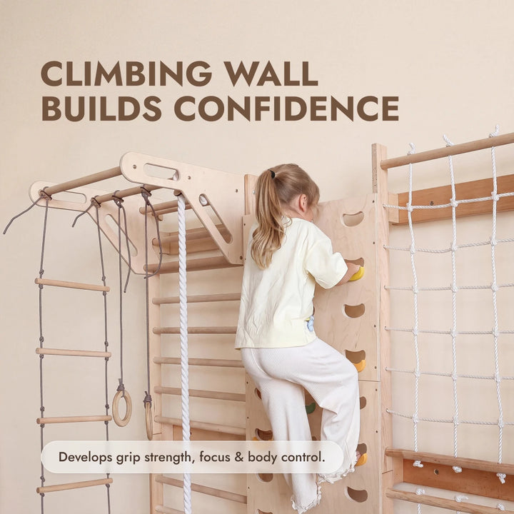 7-in-1 Climbing Wall for Kids: Wall Bars, Rock Wall, Net, Pull-Up Bar, 3-in-1 Swing Set - Goodevas