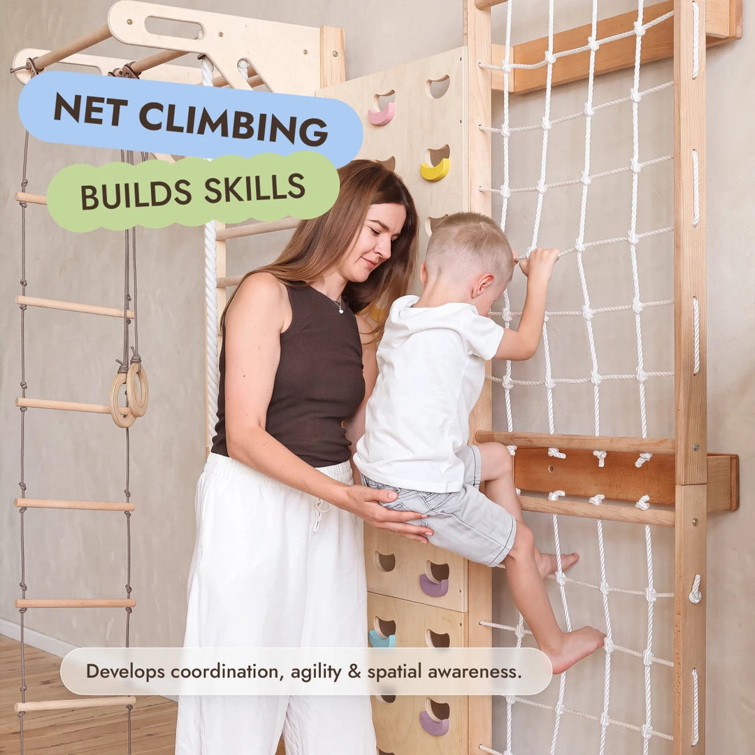 7-in-1 Climbing Wall for Kids: Wall Bars, Rock Wall, Net, Pull-Up Bar, 3-in-1 Swing Set - Goodevas