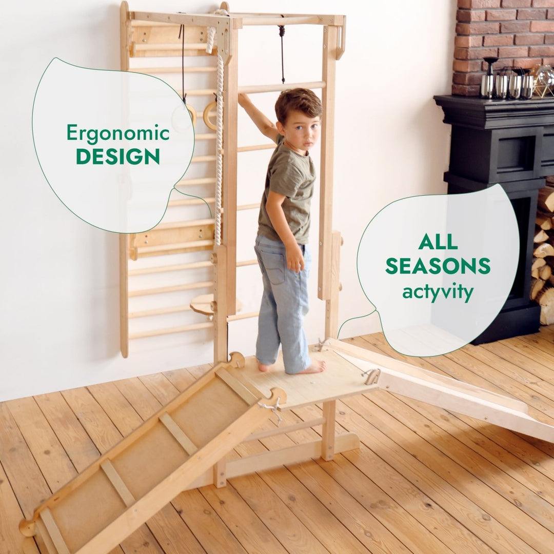 7in1 Jungle Play Set for Kids: Swedish Walls + Monkey Bars + Swing Set + Slide Board + Ramp - Goodevas