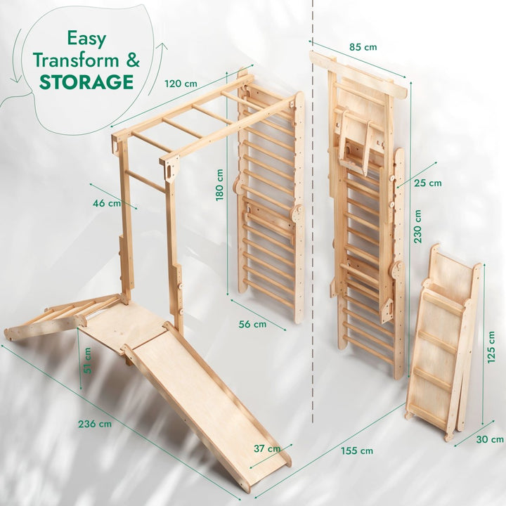 7in1 Jungle Play Set for Kids: Swedish Walls + Monkey Bars + Swing Set + Slide Board + Ramp - Goodevas