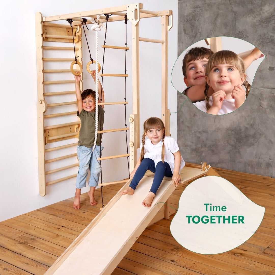 7in1 Jungle Play Set for Kids: Swedish Walls + Monkey Bars + Swing Set + Slide Board + Ramp - Goodevas