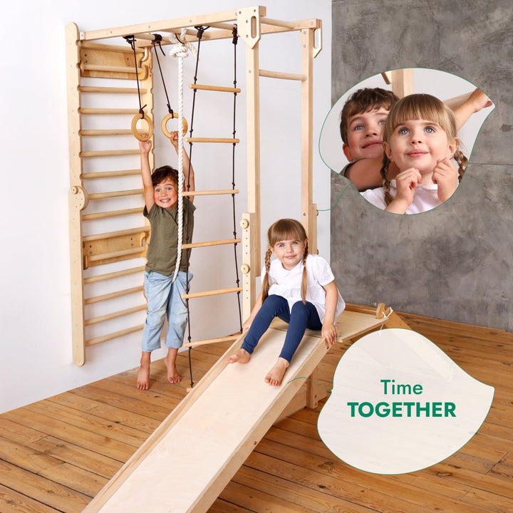 7in1 Jungle Play Set for Kids: Swedish Walls + Monkey Bars + Swing Set + Slide Board + Ramp - Goodevas