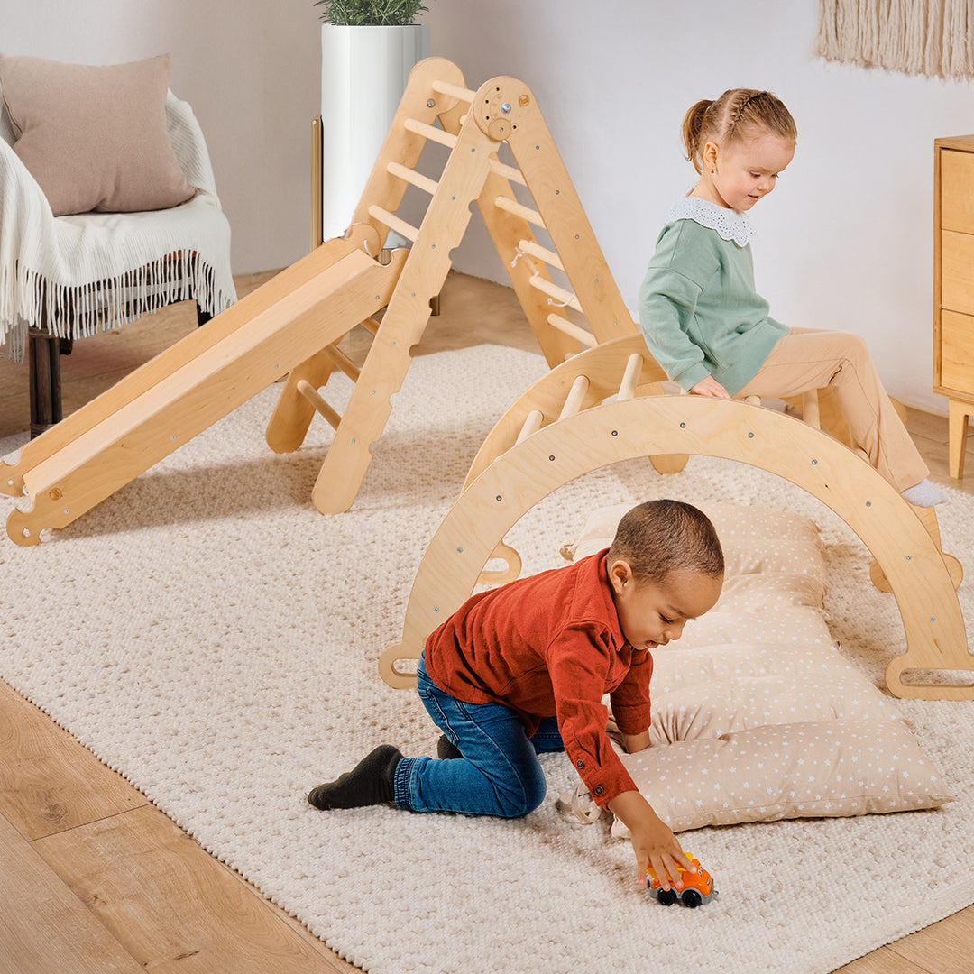 4in1 Montessori Climbing Set: Triangle Ladder + Climbing Arch + Slide Board + Cushion Beige