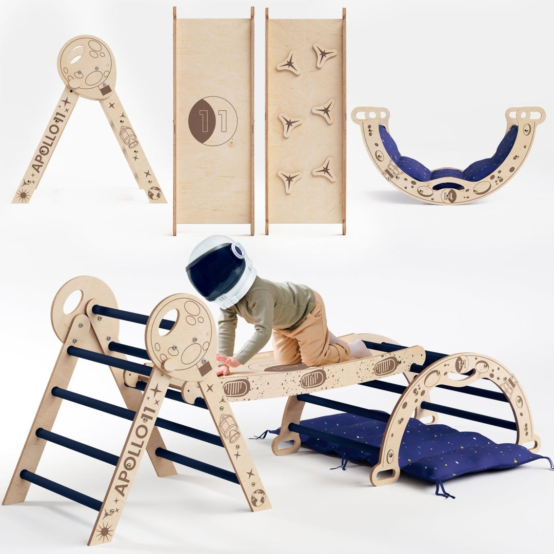 Apollo 4in1 Climbing Set: Pikler Triangle, Arch, Slide Board, and Cushion for Little Toddlers Astronauts - Goodevas