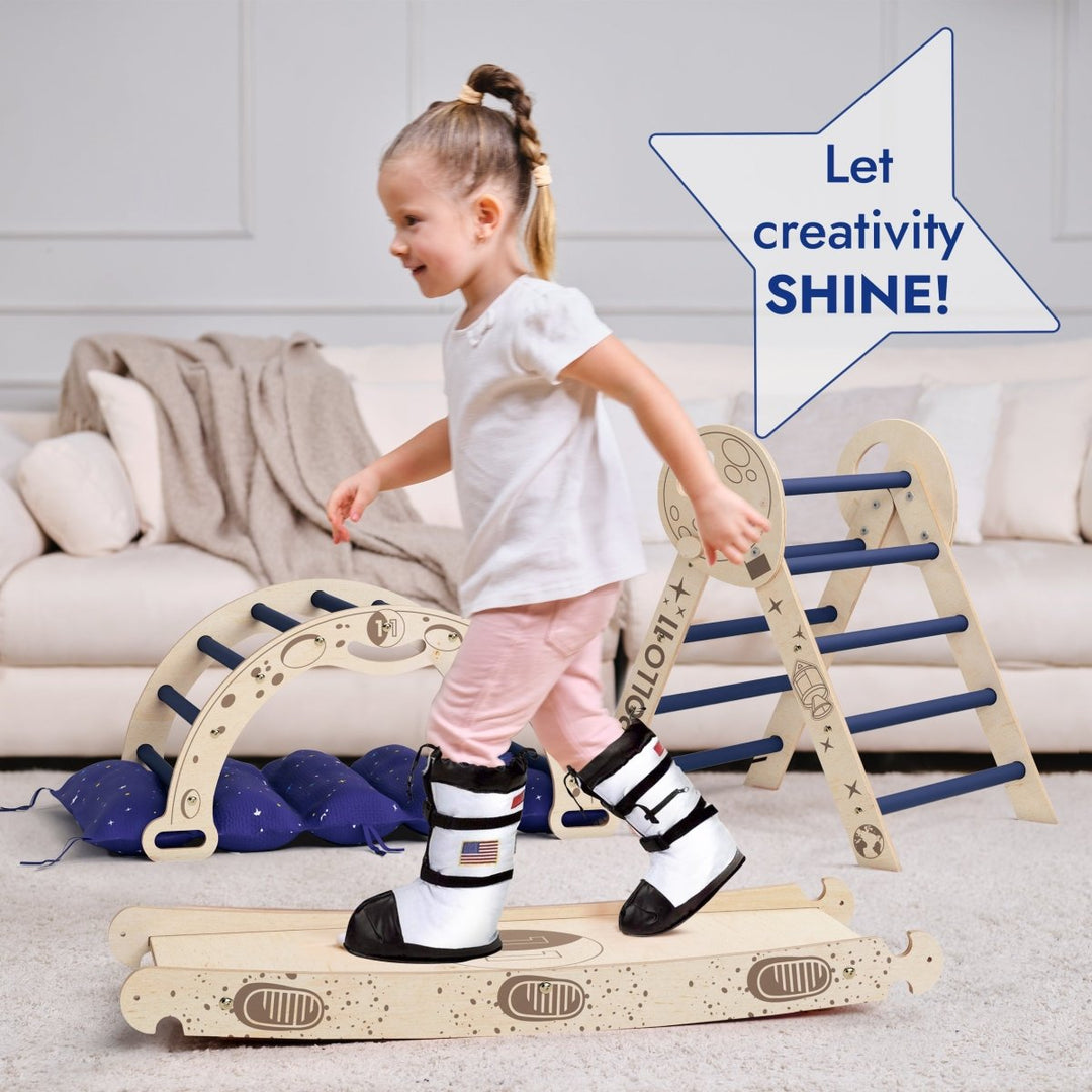 Apollo 4in1 Climbing Set: Pikler Triangle, Arch, Slide Board, and Cushion for Little Toddlers Astronauts - Goodevas
