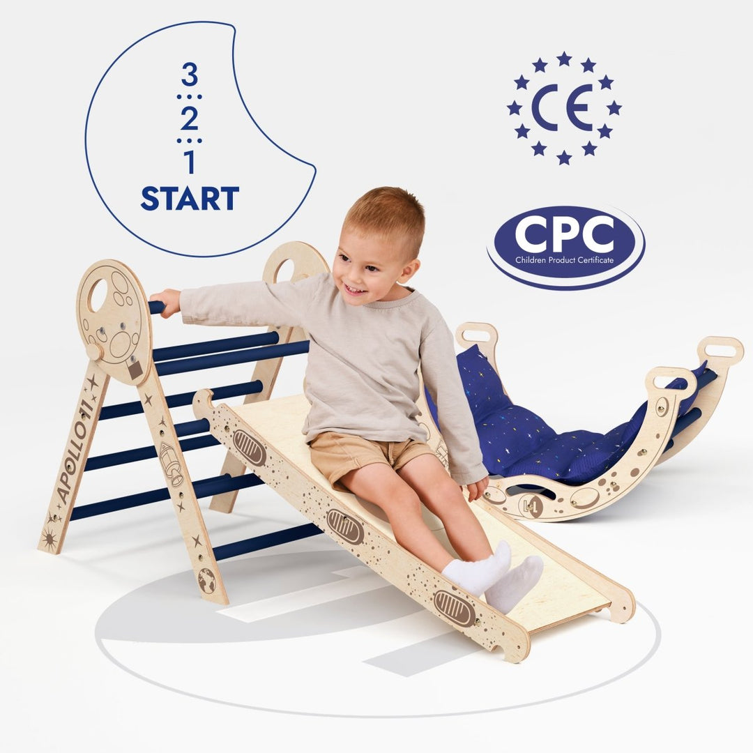 Apollo 4in1 Climbing Set: Pikler Triangle, Arch, Slide Board, and Cushion for Little Toddlers Astronauts - Goodevas