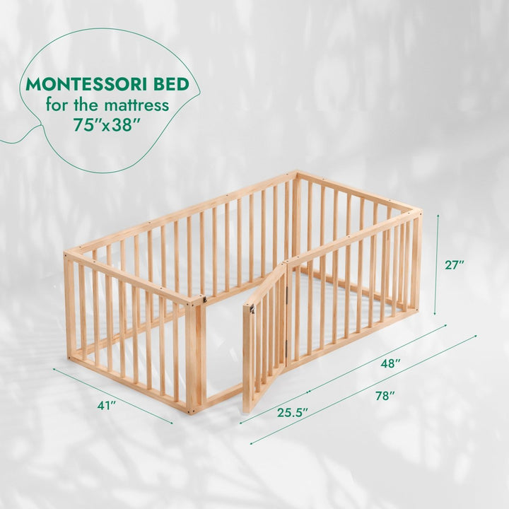 Full Montessori Floor Bed Frame for Toddlers with Fence - Goodevas