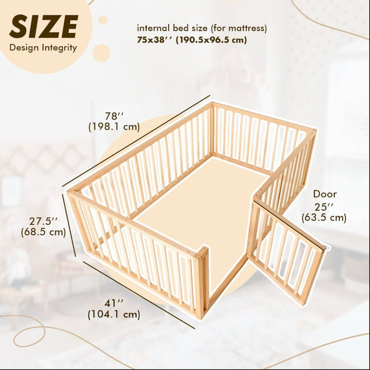 Full Montessori Floor Bed Frame for Toddlers with Fence (75*54 inch) - Goodevas