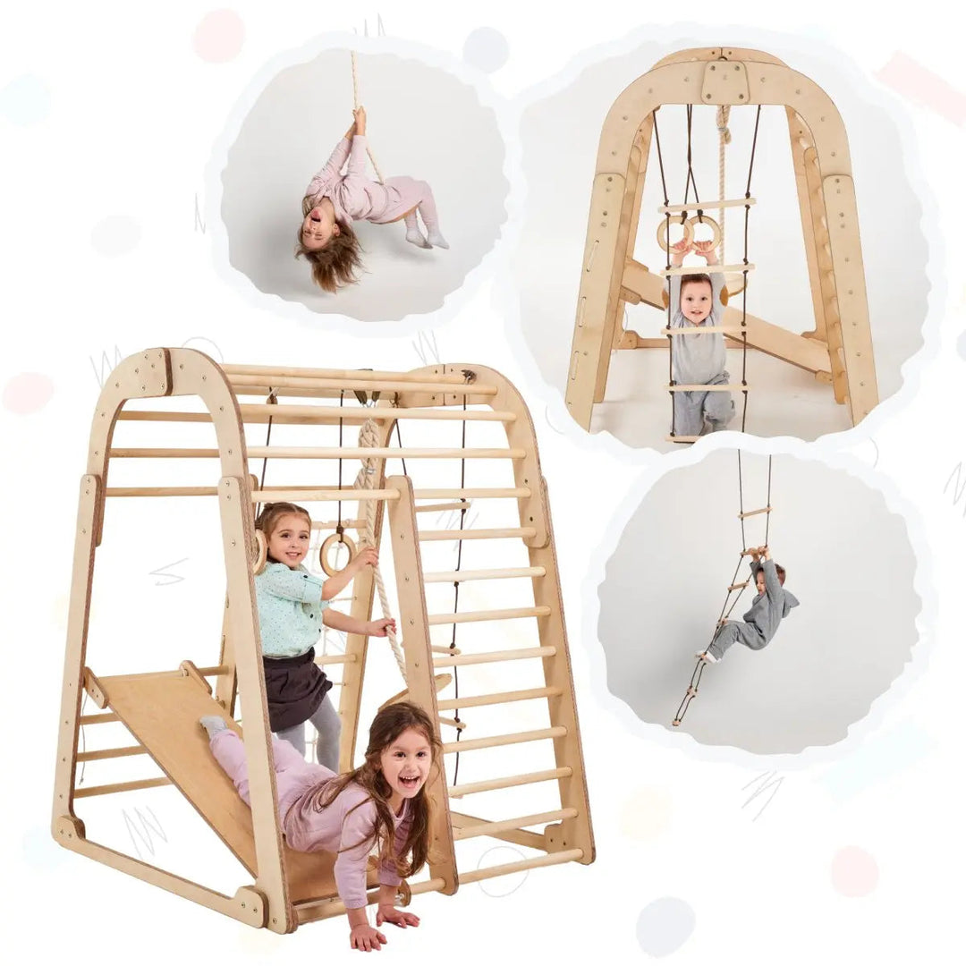 Aire de Jeux en Bois pour Enfants - 7en1 Aire de Jeux + Ensemble de Balançoires + Toboggan + Complément artistique