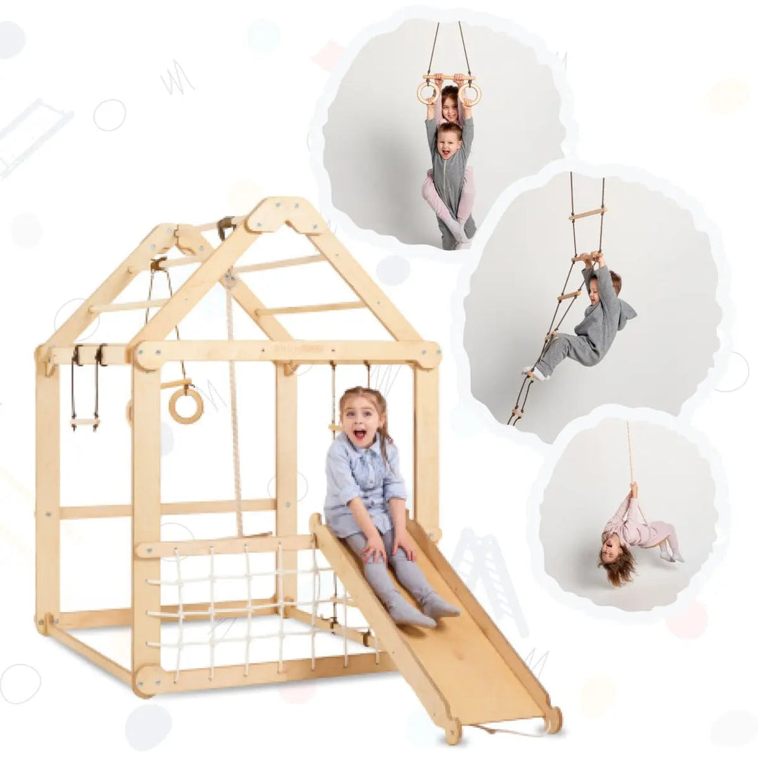 Indoor Wooden Playhouse with Swings and Slide Board - Goodevas