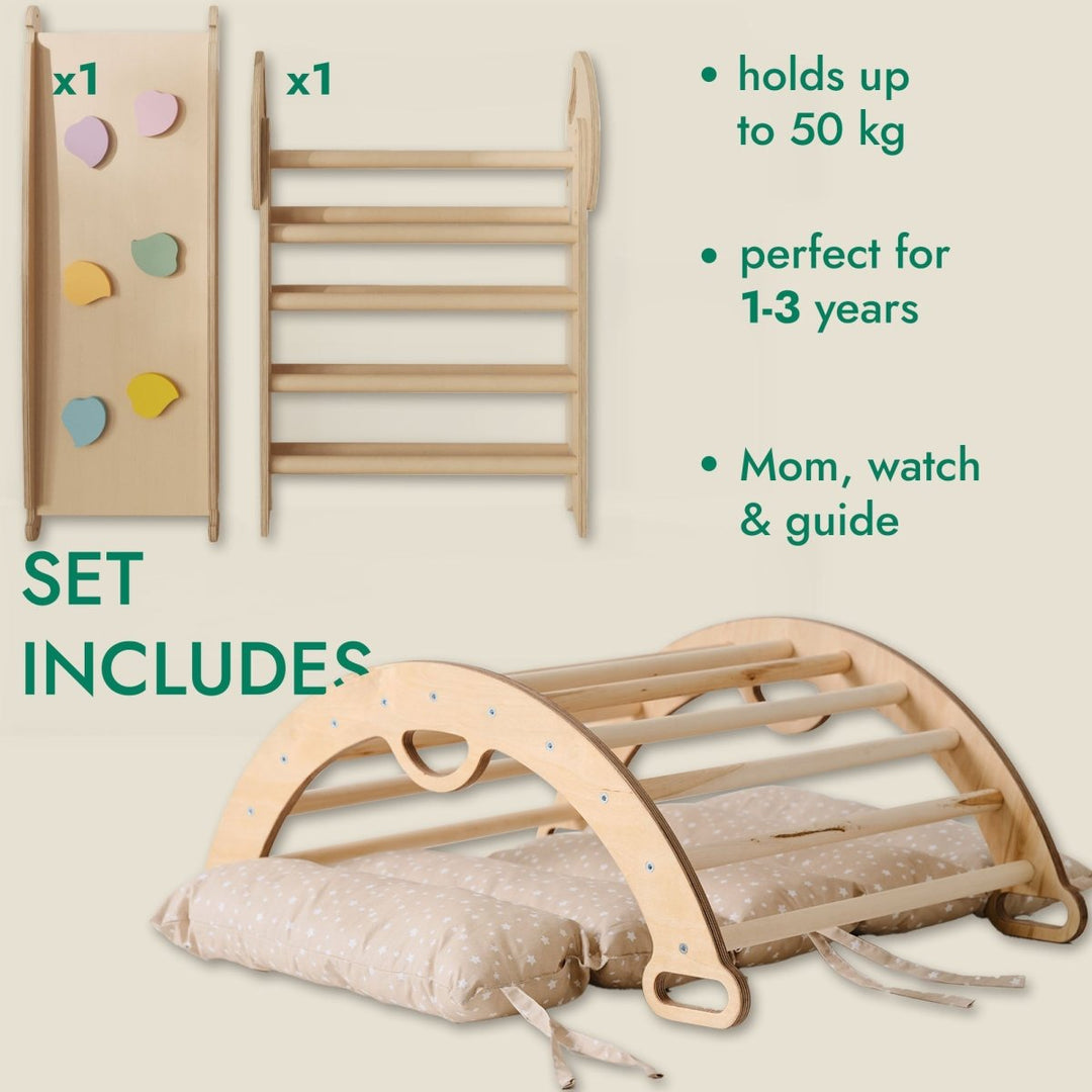 Montessori 4in1 Climbing set: Pikler Triangle, Arch, Slide Board, and Cushion for Toddlers (1–3 Years) - Goodevas