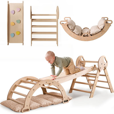 4-in-1 Kletterset für Kleinkinder: Pikler-Dreieck + Kletterbogen + Rutschbrett + Kissen – Beige