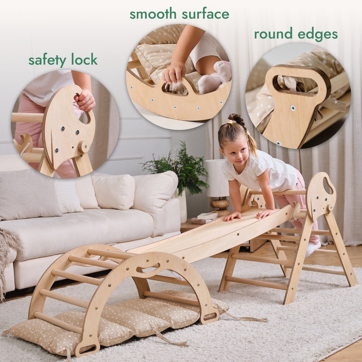 4in1 Montessori Climbing Set: Pikler Triangle, Arch, Slide Board, and