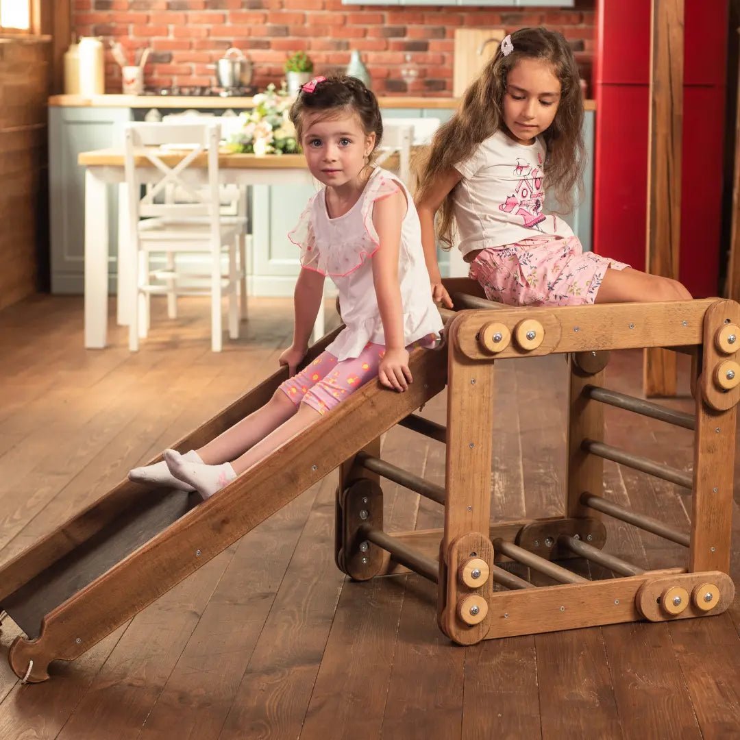 Montessori Climbing Frame Set 2in1: Snake Ladder + Slide Board/Climbing Ramp - Chocolate - Goodevas