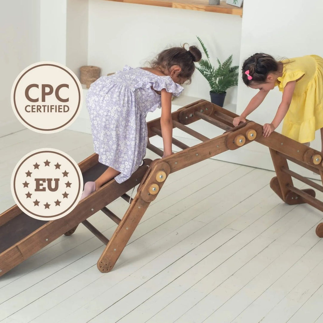 Montessori Climbing Frame Set 2in1: Snake Ladder + Slide Board/Climbing Ramp - Chocolate - Goodevas