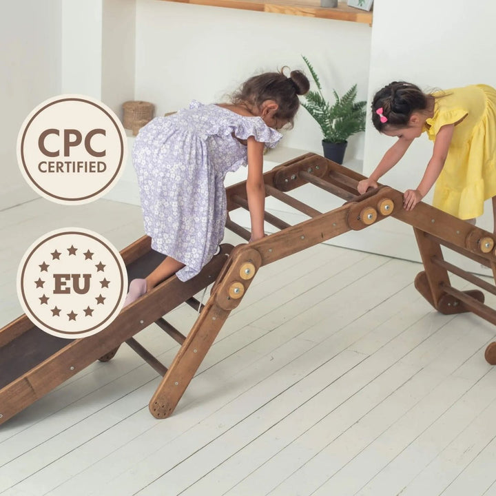 Montessori Climbing Frame Set 2in1: Snake Ladder + Slide Board/Climbing Ramp - Chocolate - Goodevas