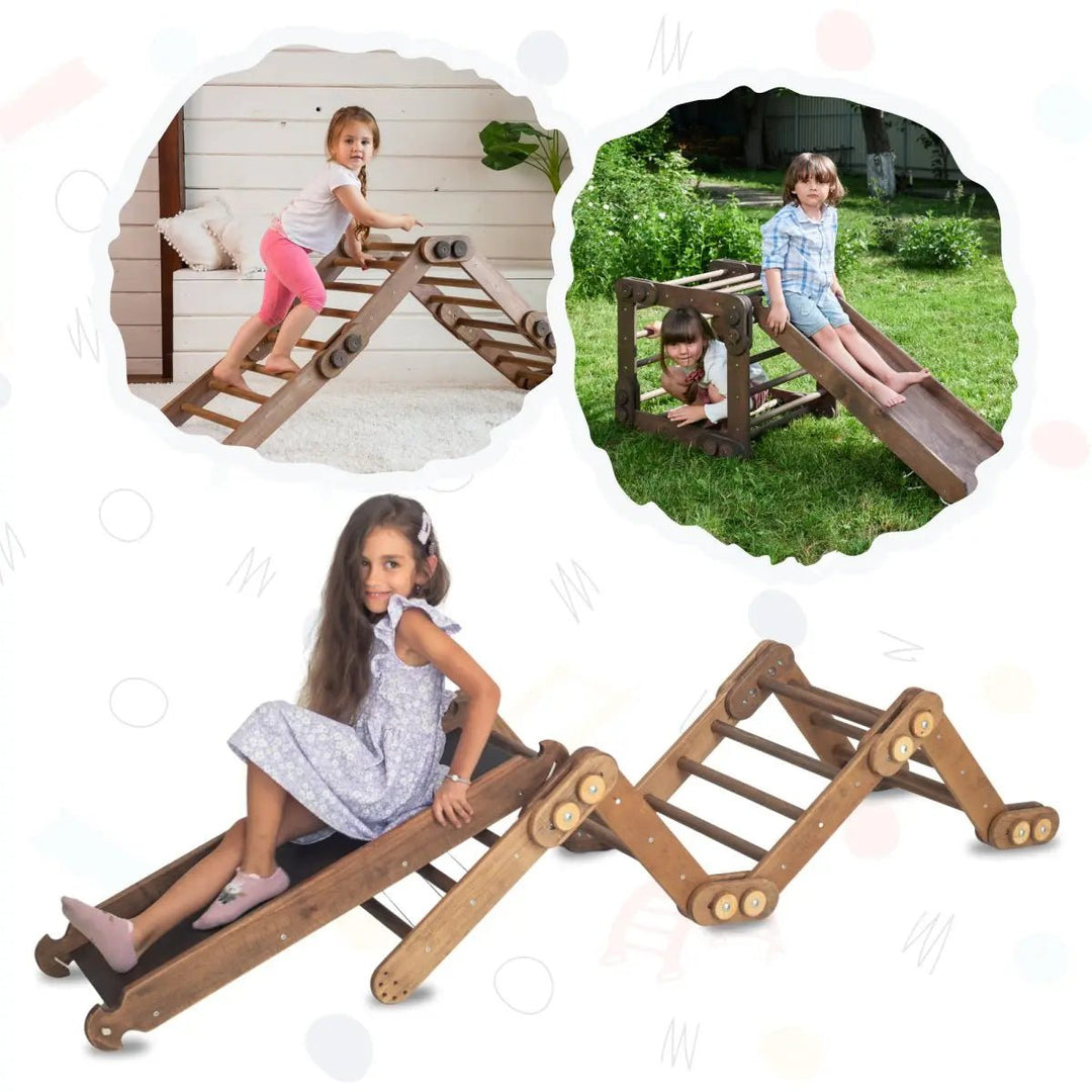 Montessori Climbing Frame Set 2in1: Snake Ladder + Slide Board/Climbing Ramp - Chocolate - Goodevas