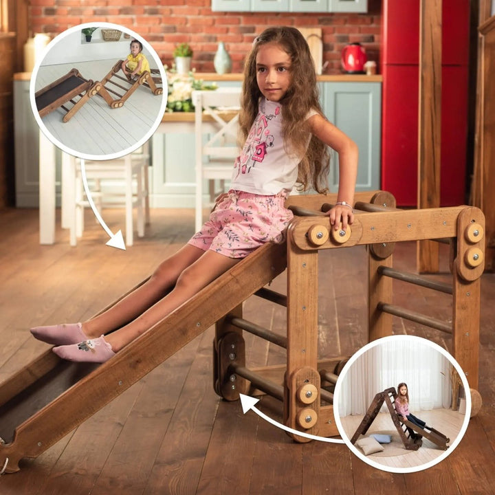 Montessori Climbing Frame Set 2in1: Snake Ladder + Slide Board/Climbing Ramp - Chocolate - Goodevas