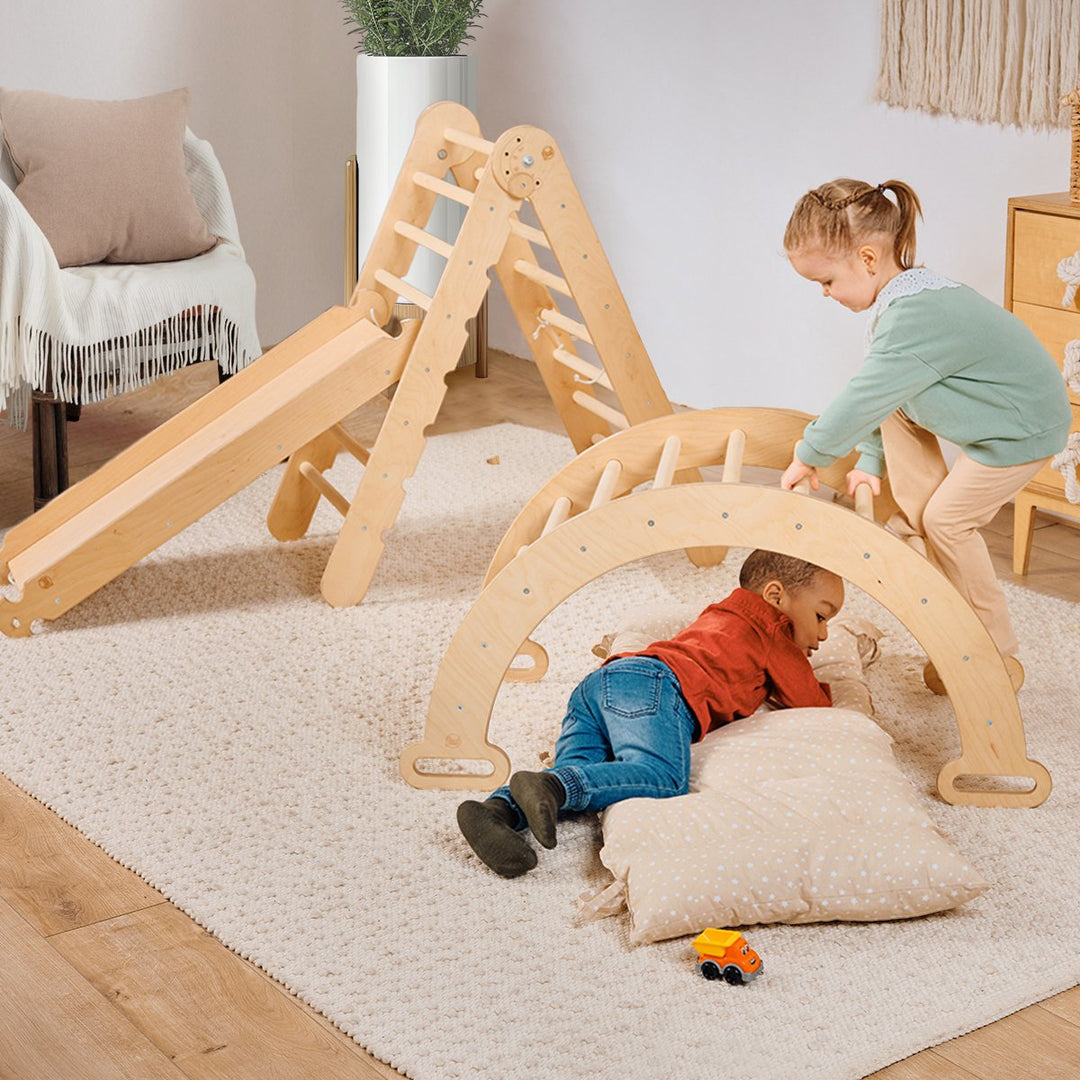 Ensemble d'Escalade Montessori 4en1 : Echelle Triangulaire + Arche d'Escalade + Toboggan + Coussin Beige