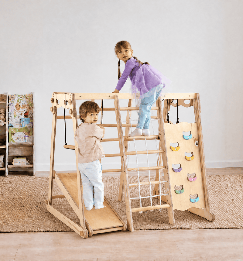 6in1 Indoor Jungle Gym for Toddler: Playground + Swings Set + Slide Board + Rope + Stairs