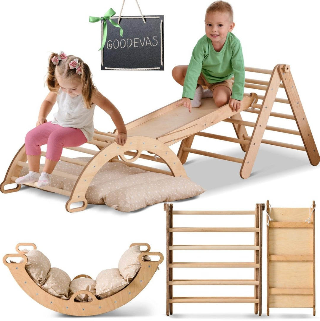 Pikler Triangle Set for Toddlers: Triangle Ladder + Climbing Arch + Slide Board + Cushion - Goodevas