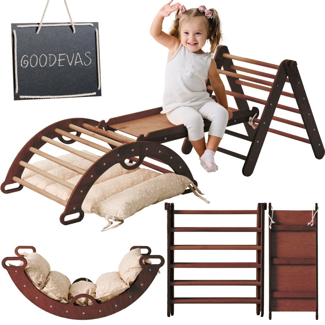 Pikler Triangle Set for Toddlers: Triangle Ladder + Climbing Arch + Slide Board + Cushion - Goodevas