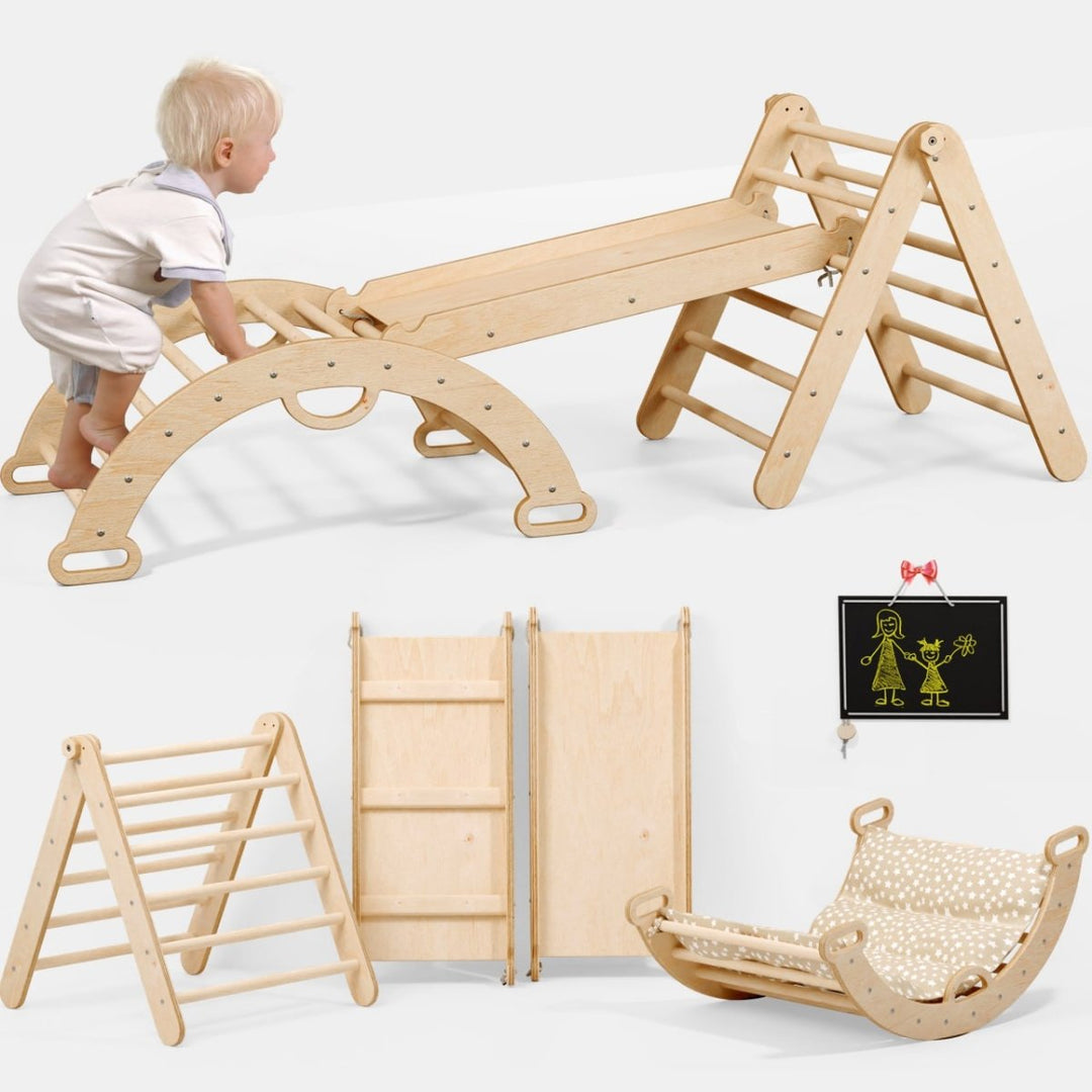 Pikler Triangle Set for Toddlers: Triangle Ladder + Climbing Arch + Slide Board + Cushion - Goodevas