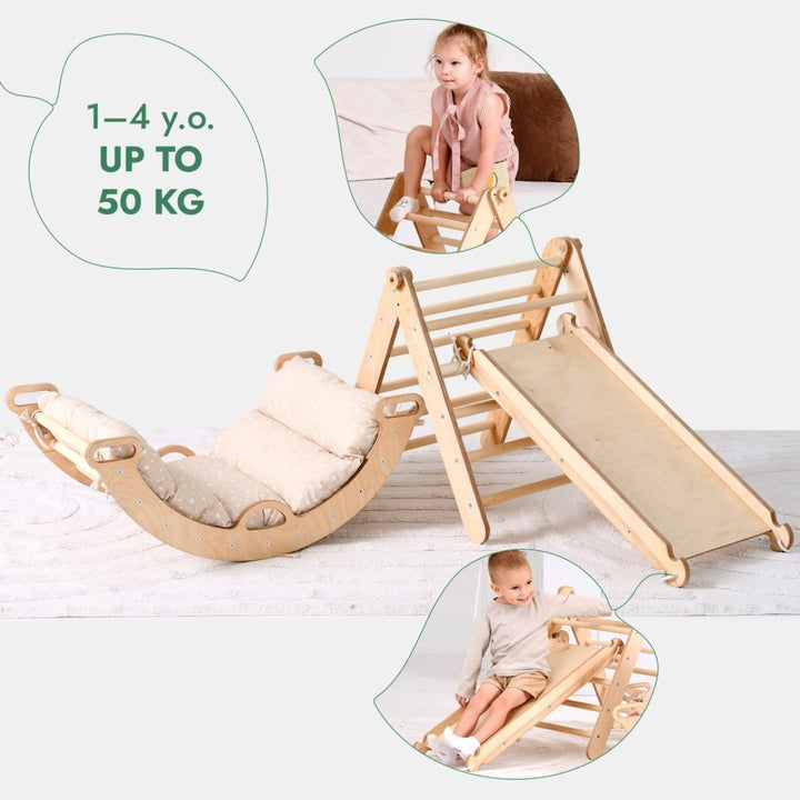 Pikler Triangle Set for Toddlers: Triangle Ladder + Climbing Arch + Slide Board + Cushion - Goodevas