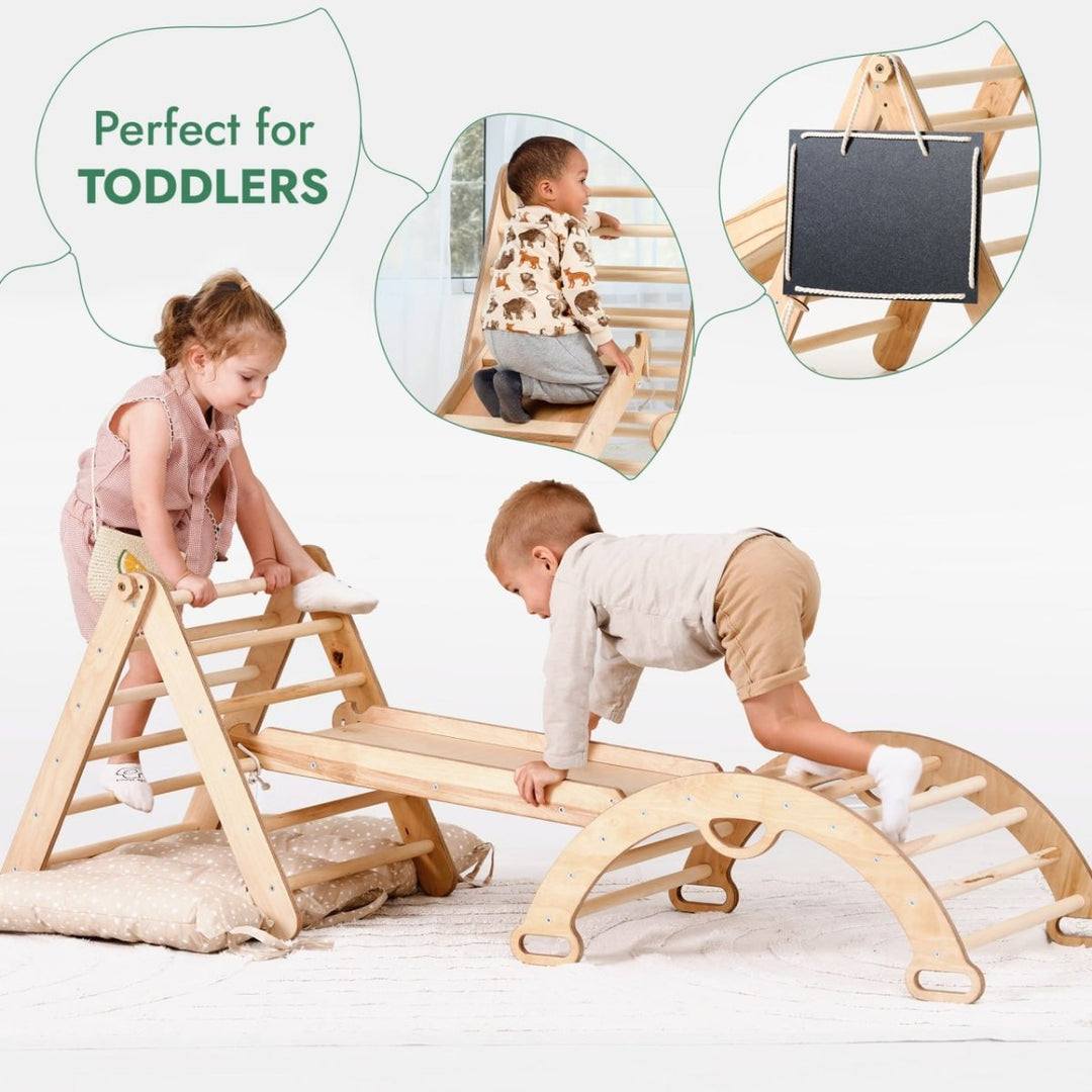 Pikler Triangle Set for Toddlers: Triangle Ladder + Climbing Arch + Slide Board + Cushion - Goodevas