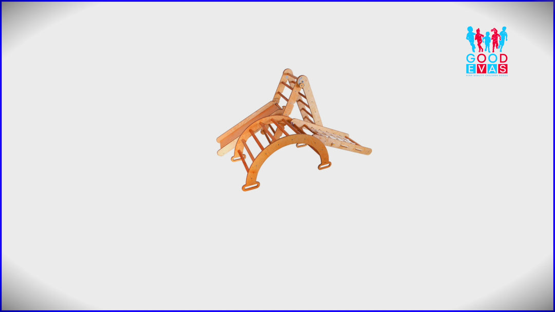 4-in-1 Montessori-Klimrek: Driehoek Ladder + Boog/Schommelstoel + Glijbaan/Helling + Klimnet – Beige